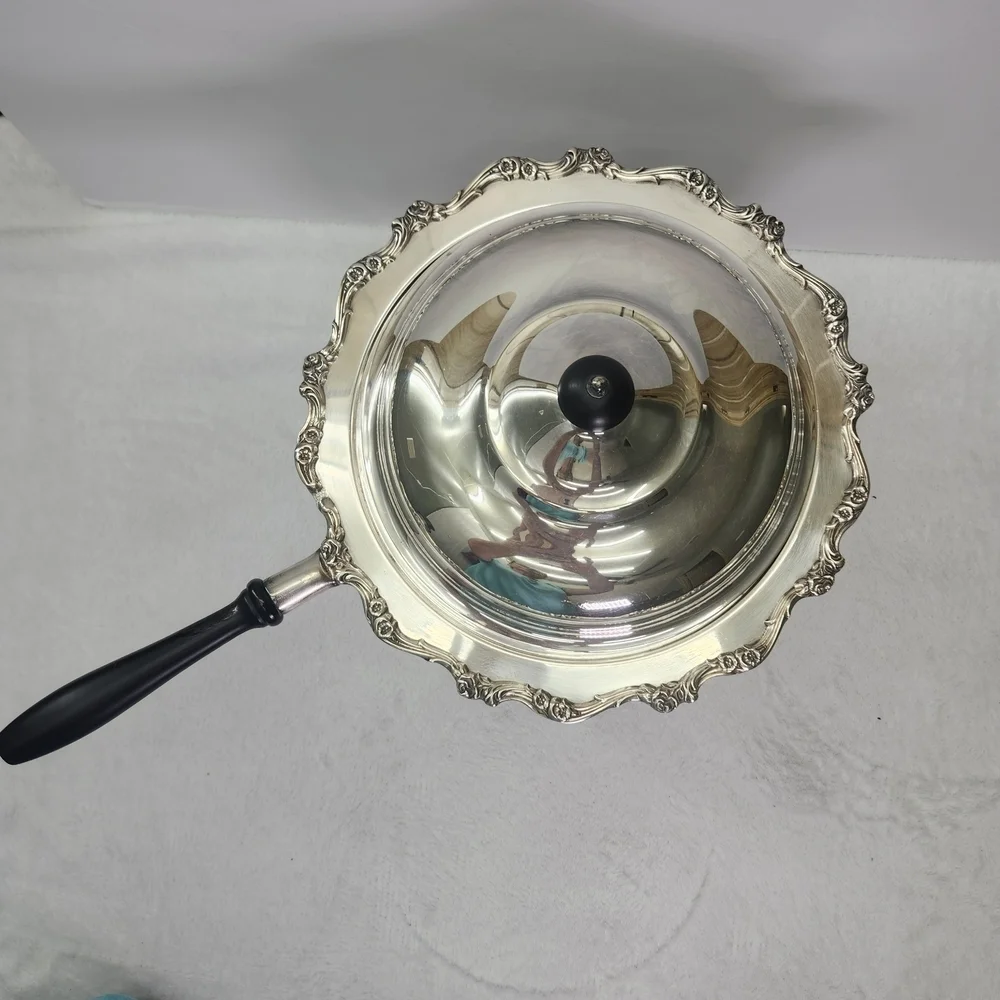 Vtg Elegant Silver Chafing Dish with Black Handle Used To Keep The Food Warm.